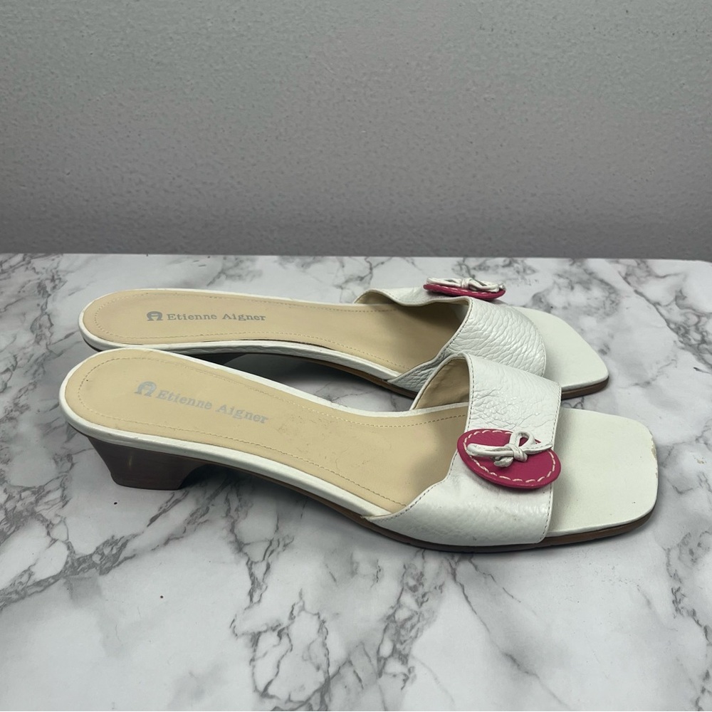 Y2k Etienne Aigner E-SAGAN White, Pink Button Stacked Wood Heel Sandals Size 7 - Picture 2 of 7